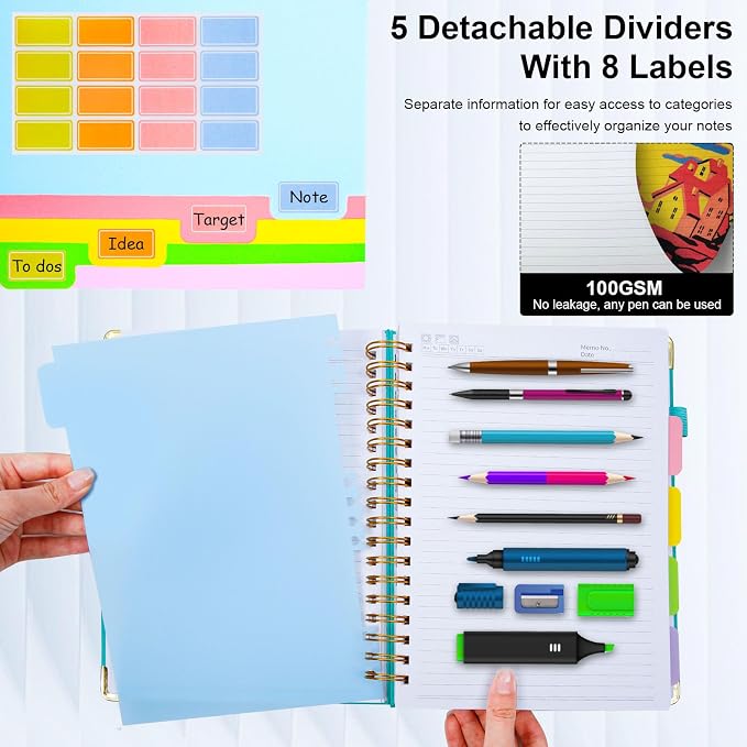 Hardcover Spiral Notebook 8"x10" Journal Notebook with Tabs and Removable Dividers 300 Pages 5 Subject Notebook College Ruled, Faux Leather Spiral Bound Notebook for Women School Work (White)