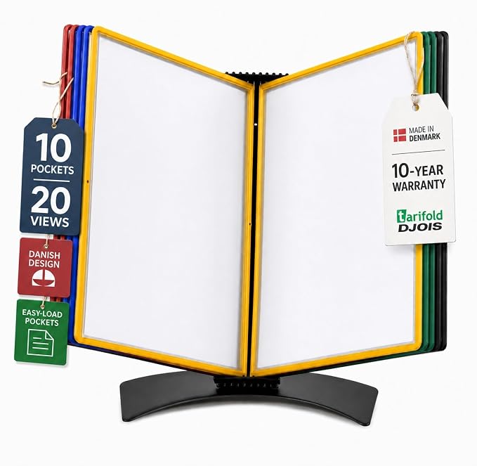 Tarifold Desktop Reference System, 10 Pockets, Easy-Load Design, Assorted | 10 Double-Sided Polypropylene Pockets, Holds 20 Letter-Size Sheets, Sturdy Metal Base, Quick and Easy to Assemble