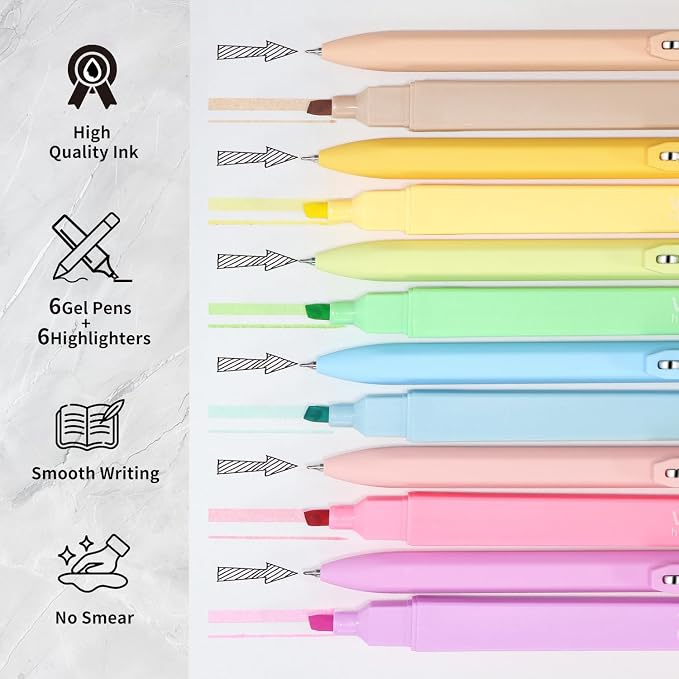 Piochoo Highlighters Assorted Colors and Retractable Black Ink Pens Set | Chisel Tip Aesthetic Highlighters and 0.5mm Smooth Writing Gel Pens for Women Nurse Office Back to School Supplies