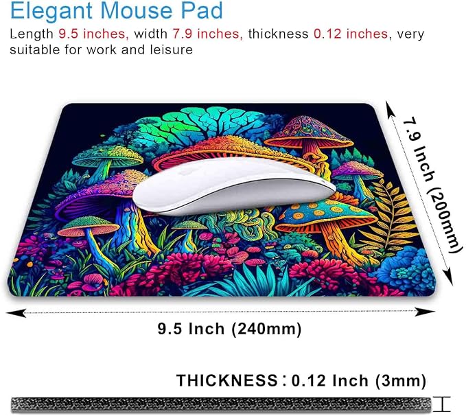 Psychedelic Mushrooms Mouse Pad, Colorfull Gaming Mouse Pad, Magical Forest Mousepad, Non-Slip Rubber Base Computer Mice Pad for School Home Office, 9.5 x 7.9 Inch, Aesthetic Modern Art