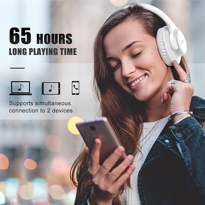 KVIDIO Bluetooth Headphones Wireless Over Ear Headsets 65H Playtime | Deep Bass, HiFi Stereo, Bluetooth 6.0, Microphone, Comfortable Fit, Foldable, Lightweight, Low Latency for Travel Home Office