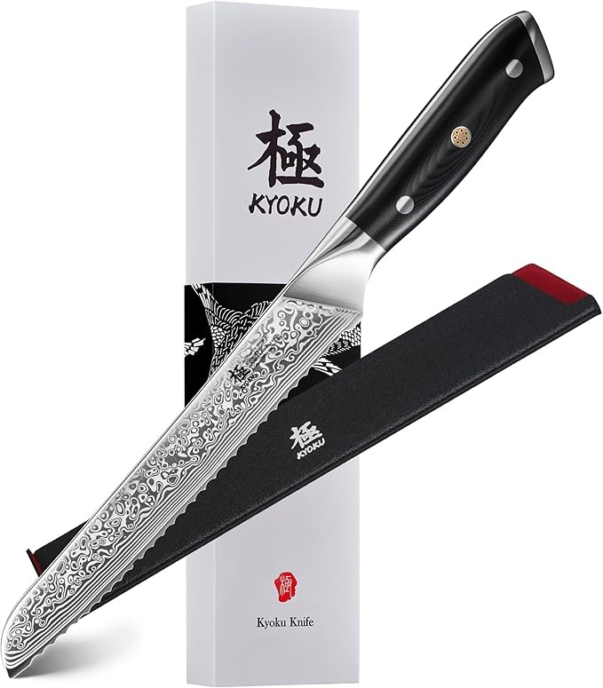 KYOKU Serrated Bread Knife - 8" - Shogun Series - Japanese Style VG10 Steel Core Damascus Blade - with Sheath & Case