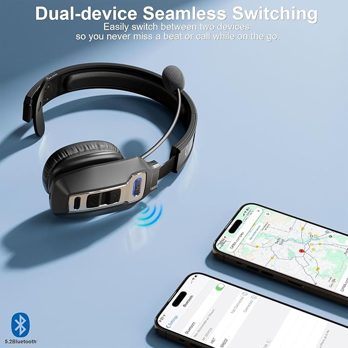 Trucker Bluetooth Headset with AI Noise Cancellation Microphone, Trucker Headset with 65Hrs Talk Time & Mute Button, Multipoint Connection, Bluetooth Headsets Fit for Truck Drivers/Cell Phones