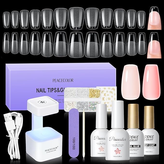 PEACECOLOR Gel Nail Kit, 240Pcs Short Medium Coffin Nail Tips with U V Lamp 2 Colors Jelly Gel Polish Top Coat Glue Nail Art Extension Set Gifts for Women DIY Home Salon