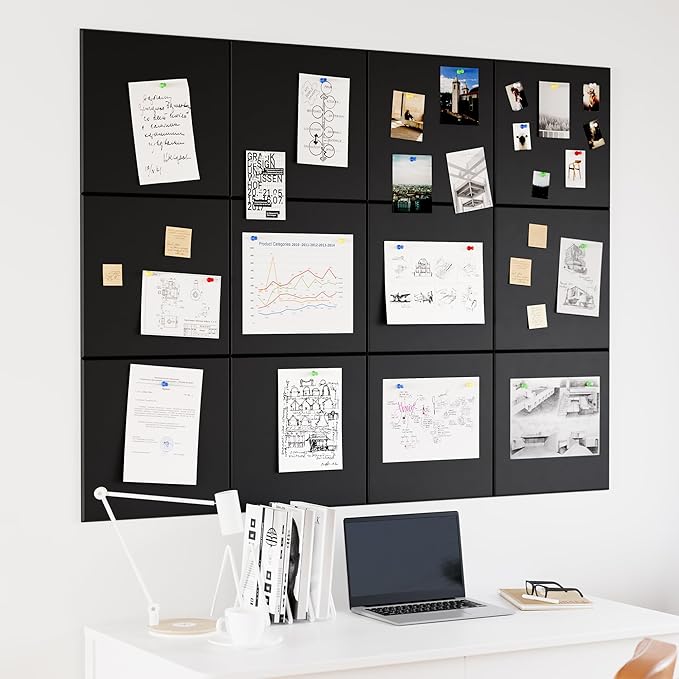 Large Cork Board for Wall, 48" x 36" Bulletin Board with Pushpins, 12 Panels Felt Tiles Tack Push Pin Board for Office, Black
