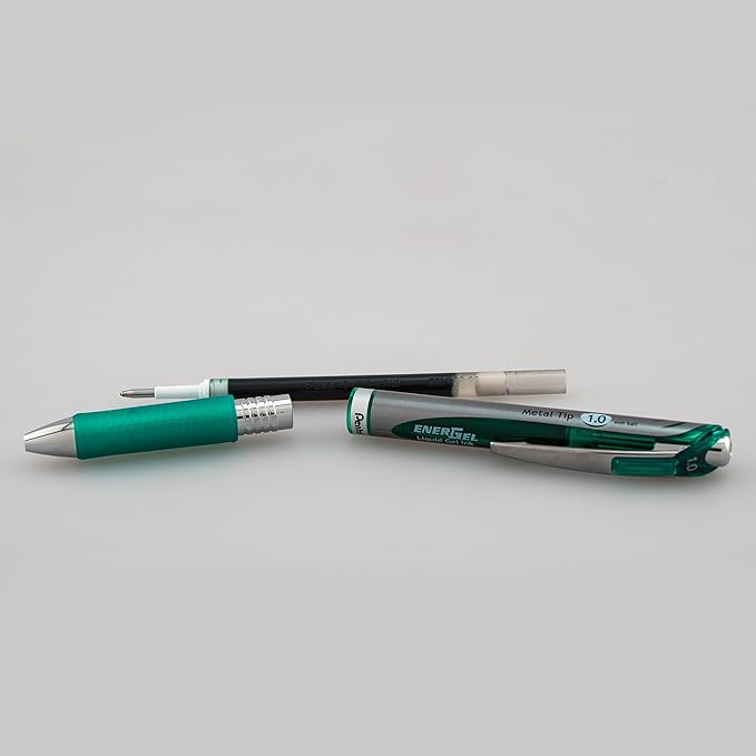 Pentel EnerGel RTX Retractable Liquid Gel Pen, (1.0mm), Bold Line, Metal Tip, Green Ink, Pack of 2 (BL80BP2D)