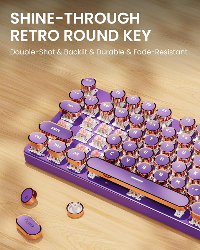 EWEADN Wired Typewriter Mechanical Keyboard, Low Noise Pink Switch Retro Punk Keyboard with Media Knob, White Backlit, Metal Panel, 104-Key Round Keycaps Cute Keyboard for Windows PC -Purple
