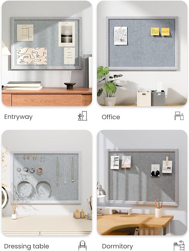 Fluxynara 23.6" x 17.1" Felt Frame Bulletin Board, Blue Gray | Cork Board Alternative with 12 Removable Adhesive Tabs, Foldable Pin Board for Wall, Home, Office, Classroom & Dorm