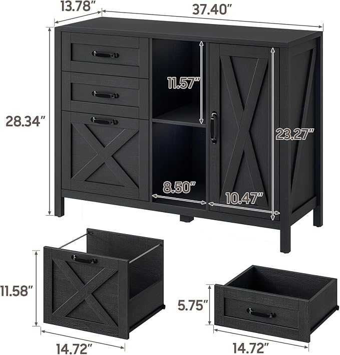 Befrases Farmhouse Lateral Filing Cabinet, Lateral File Cabinet with 3 Drawers and Cabinet, Large Printer Stand with File Drawer for Letter/A4 Size Hanging Files for Home Office, Rustic Black