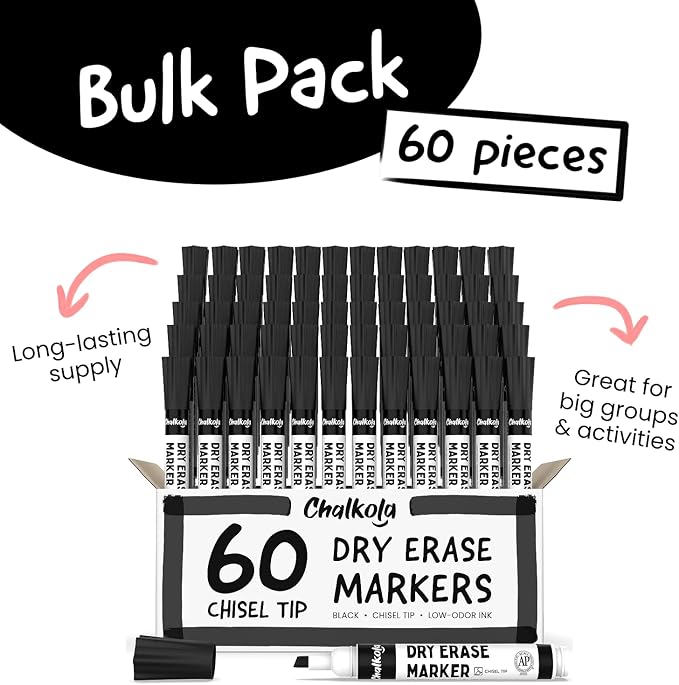 Chalkola 60 Black Dry Erase Markers Bulk Pack, Black Chisel Point White Board Marker Dry Erase Pens - Low Odor Whiteboard Markers for Kids, Home, Office, Back to School Supplies