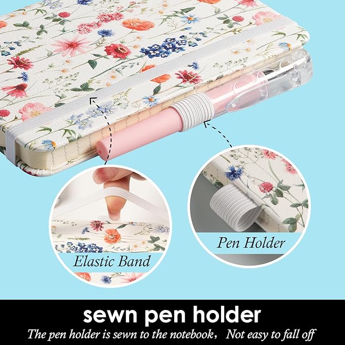 (3 Pack) Small Notebook Pocket Journal for Women, A6 (3.7" x 5.7") Aesthetic Floral Mini Notebook with Pen, Leather Lined Note Book with 400 Pages 100 GSM Thick Paper, Gift for Women Girls