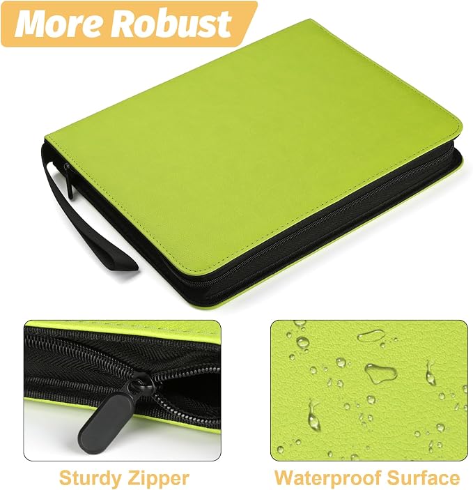 GERMUN 3 Ring 9 Pocket Zipper Card Binder, 720 Double Sided Standard PU Trading Card Album Folder for TCG & Sports Cards, Not Fit Top Loaders (grass green)