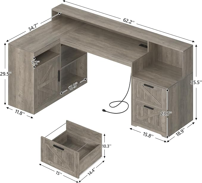 63" Farmhouse L Shaped Desk with Drawers and Printer Stand for Home Office | Computer Desk with Power Outlet, Home Office Desk with Storage Shelves and Monitor Stand, Gray