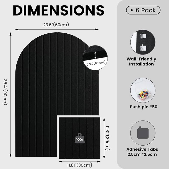 Arched Felt Bulletin Board (Black), 35"x24" Large Wall Decor | 6 Pcs Self-Adhesive Tiles with Push Pins, Felt Cork Board Alternative for Home Office Classroom Decor