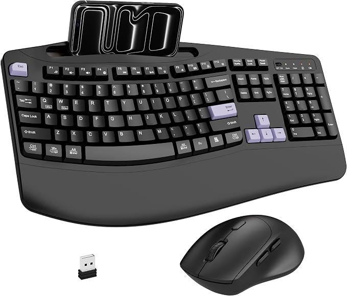 Wireless Keyboard and Mouse Combo, Full Size Ergonomic Wave Keys(Purple-B) | 2.4G Ergonomic Keyboard with Wrist Rest, Phone Holder, 3-Level DPI Silent Mouse with 6-Buttons, for Windows/Mac OS/Laptop/PC