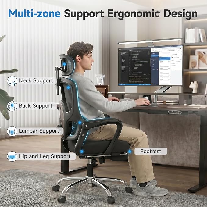 Ergonomic Office Chair with Footrest, 90-145° Reclining Desk Chair with Adjustable Lumbar Support & Headrest, High Back Mesh Computer Chair for Home Office/Gaming, 350lbs Capacity