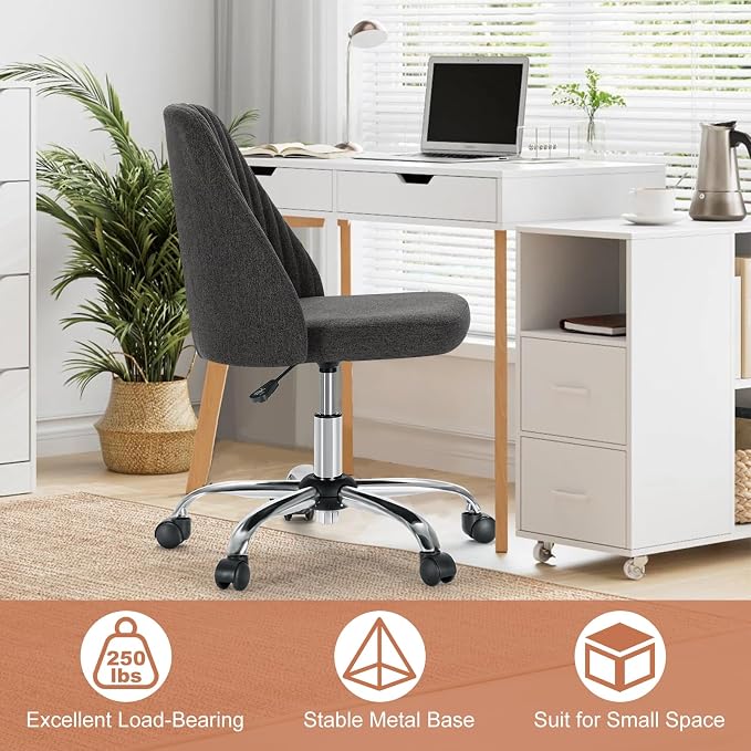 DUMOS Home Office Chair, Comfy Desk Chair with Rolling Wheels | Armless Height Adjustable, Wide Seating, Vanity Swivel Task, Bedroom Student Adults, Graphite
