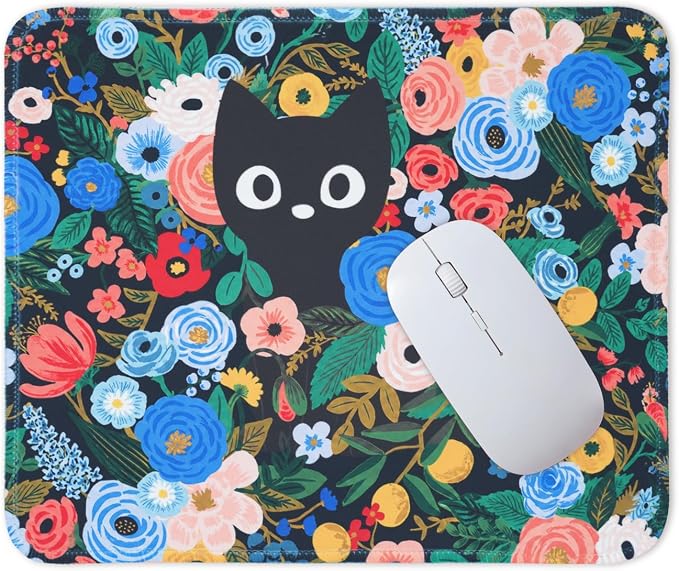 Mouse Pad for Desk with Stitched Edge, Premium Cute Washable Mouse Pads. Computer Mousepad with Non-Slip Rubber Base, Mousepads for Laptop, 9.25x7.75x0.12 inch (Meow Blooms)