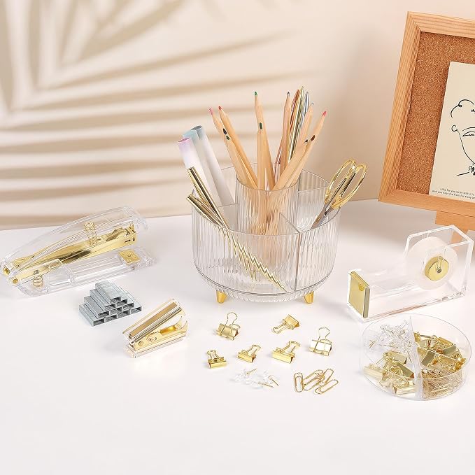 SKYDUE Gold Office Supplies Set with Pencil Holder for Desk | Gold Desk Accessories with Gel Pen, Stapler, Tape Dispenser, Scissors,Clips and 1000pcs Staples, Office Decor for Women