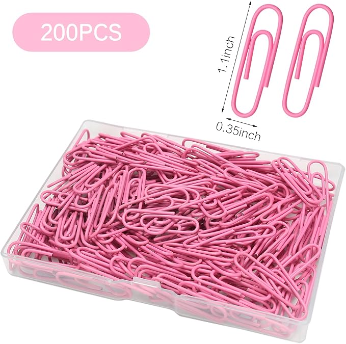 Elisel Paper Clips, 200pcs Medium Size (1.3 inch) Colored Paper Clip,Durable and Rustproof Coated Paper Clips, Great for Office, School and Personal Use (Pink)
