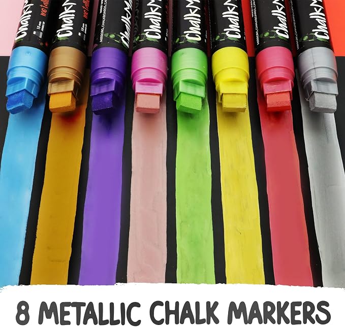 15mm 8 Metallic Window Chalk Markers Washable For Cars - Liquid Chalk Pens | Erasable Chalkboard Markers for Blackboard, Glass, Restaurant, Wedding, Bistro Menu - Wet Wipe Erasable - 15mm Jumbo Nib