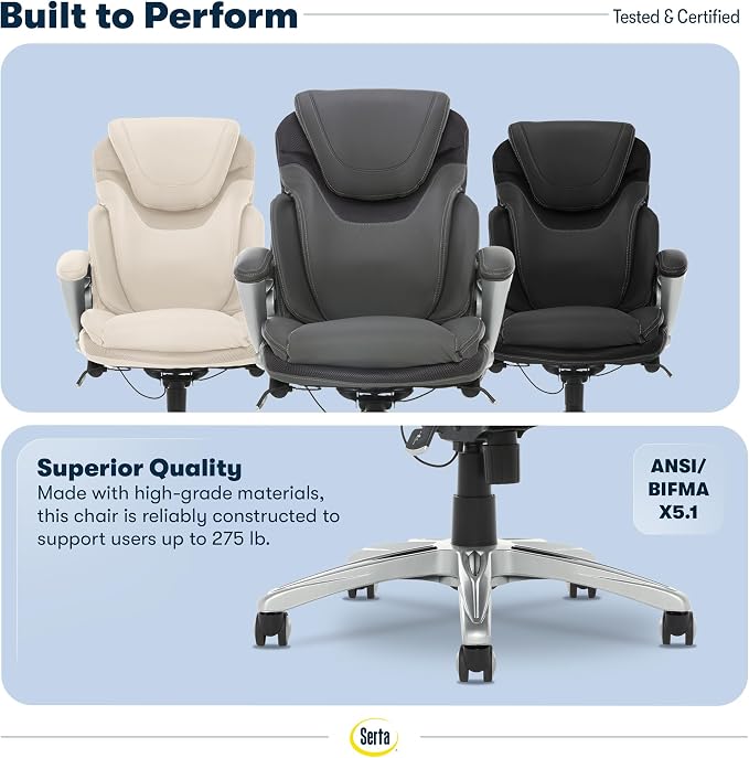 Serta Bryce Executive Office Chair - Ergonomic Computer Desk Chair with Patented AIR Lumbar Technology - Adjustable Height - Memory Foam Body Pillows - 360° Swivel Rolling Base - Bonded Leather - Gray