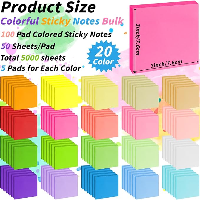 100 Pack Sticky Notes 3x3 Inch Colorful Self Stick Note Pads | 20 Colors, 50 Sheets Each, Self Stick Paper, Color Coding, Office Supplies, School, Home, Meetings, Reminders