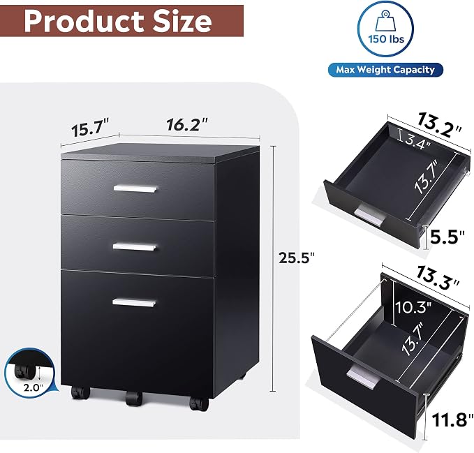 DEVAISE 3 Drawer Wood File Cabinet, Under Desk Filing Cabinet, Black | Small Mobile Printer Stand, Fits Letter/A4 Size, Under Desk Storage Cabinet, Home Office