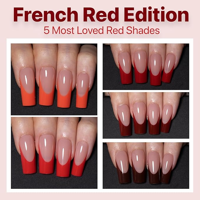SXC Cosmetics French Tip Press On Nails 150 Pieces in 15 Sizes Ultra Fit with Pre-applied Tip Primer and Base Coat, No Need to File Fake Nails for Nail Art DIY X-Pro Tips (5RED117-M Square)
