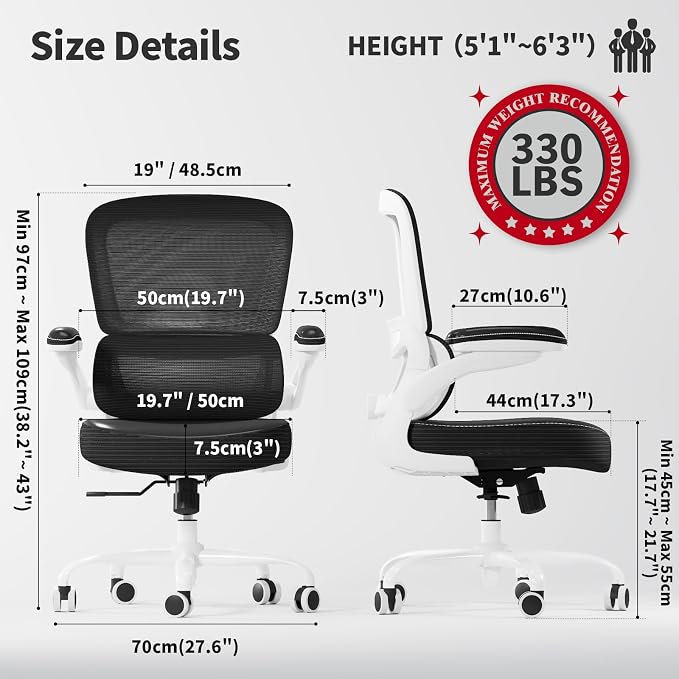 TRALT Ergonomic Office Chair Desk Chair with Adjustable Lumbar Support | Desk Chair Comfy with Flip-up Armrests Ergonomic Chair - Mesh Computer Chairs for Adults, 330lbs, PU Leather (Black White, 1)