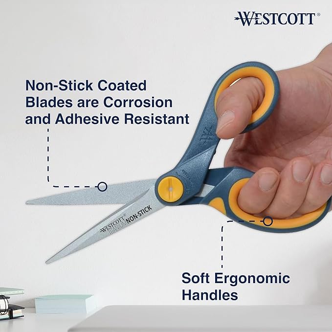 Westcott 8-Inch Non-Stick Titanium Scissors For Office and Home - Glide Adjust Technology - Grey/Yellow Craft, Fabric Scissors - 6 Pack