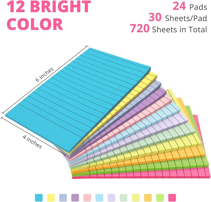 Taja Lined Sticky Notes, 4 x 6 Inches, 24 Pads, 30 Sheets/Pad, Bright | Large Sticky Notes with Lines for Office, Home, School, Ruled Memo Note Pads for Shopping, Planning, Studying