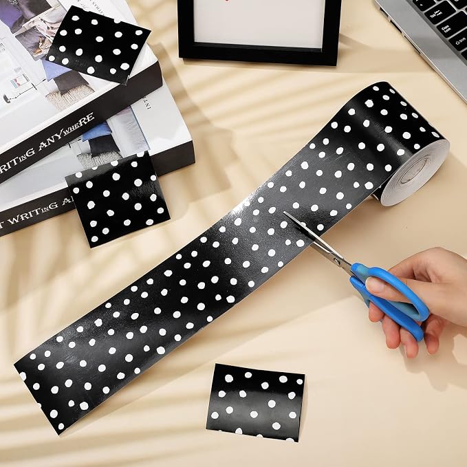 Zonon 65 Feet Bulletin Board Borders Black White Polka Dots Rolled Trim | Classroom Back to School Decoration, Scalloped Wavy Edge Design, Straight Trim for Bulletin Boards, Decorative Display