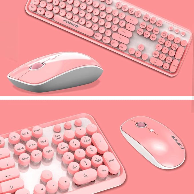 Wireless Keyboard and Mouse Combo, 104 Keys Full-Sized 2.4 GHz Round Keycap Colorful Keyboards, USB Receiver Plug and Play, for Windows, Mac, PC, Laptop, Desktop (Pink)