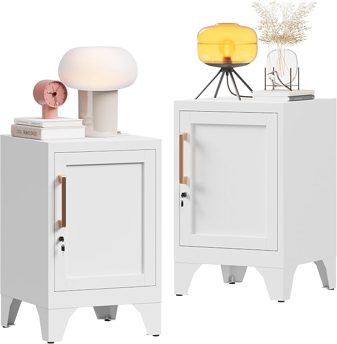 23.6" H Metal Locker Nightstand Set of 2,White Locking Night Stand with Door and Adjustable Shelf, Small Locker Cabinet with Detachable Legs for Home Office,Living Room or Bedroom,Easy Assembly