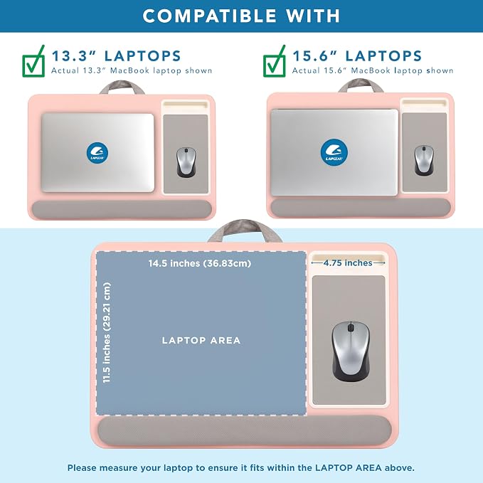 LAPGEAR Home Office Pro Lap Desk – Pink, Fits 15.6” Laptops | Built-In Mouse Pad & Phone Slot, Wide Cushioned Wrist Rest, Dual-Bolster Microbead Cushion, Carry Handle