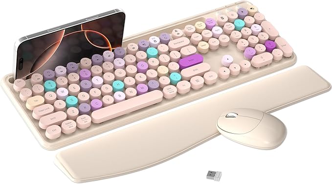 Wireless Keyboard and Mouse Combo with Phone Holder (Khaki) | MPTOG Colorful Typewriter Keys with Wrist Rest, , 2.4GHz Wireless, Full-Sized Optical Mouse for PC and Laptop