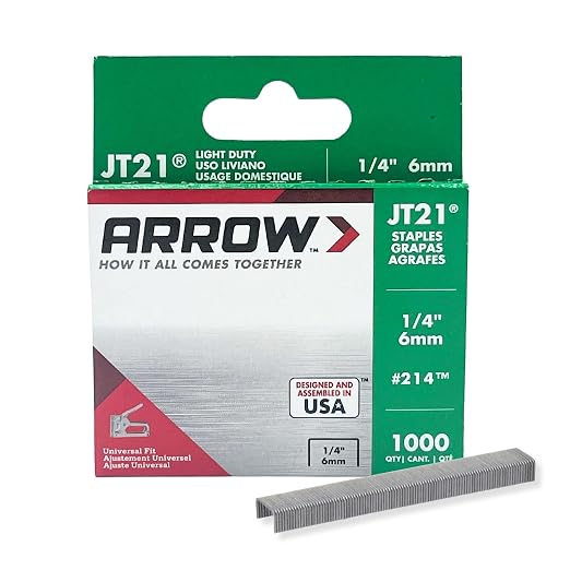 Arrow 214 JT21 Thin Wire Staples for Staple Guns and Staplers, Use for Upholstery, Crafts, General Repairs, 1/4-Inch Leg Length, 7/16-Inch Crown Width, 1000-Pack, Grey | 1/4" Leg Length, 7/16" Crown Width, Heavy-Duty Galvanized Steel, Use for Upholster...