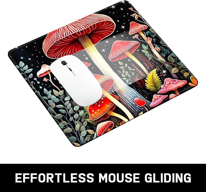 Mouse Pad, Minimalism Marble Style Computer Pad, Anti-Slip Rubber Mouse Mat with Stitched Edges for Gaming, Office, Laptop, PC, Women, 9" x 8" Thick 3 mm, Red Mushroom