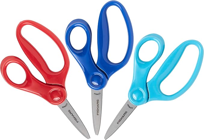 Fiskars 5" Pointed-Tip Scissors for Kids 4-7 (3-Pack) - Scissors for School or Crafting - Back to School Supplies - Red, Blue, Turquoise