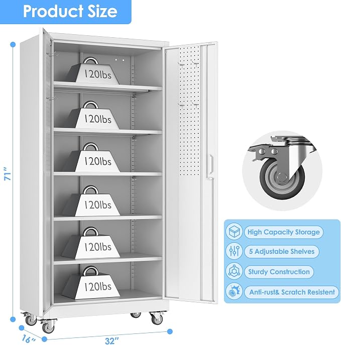 71" White Metal Storage Cabinet with Wheels, Pegboard and Lock | Required assembly; white metal cabinet with 4 removable casters, pegboard and 4 hooks, lock with 2 keys, and 5 shelves.