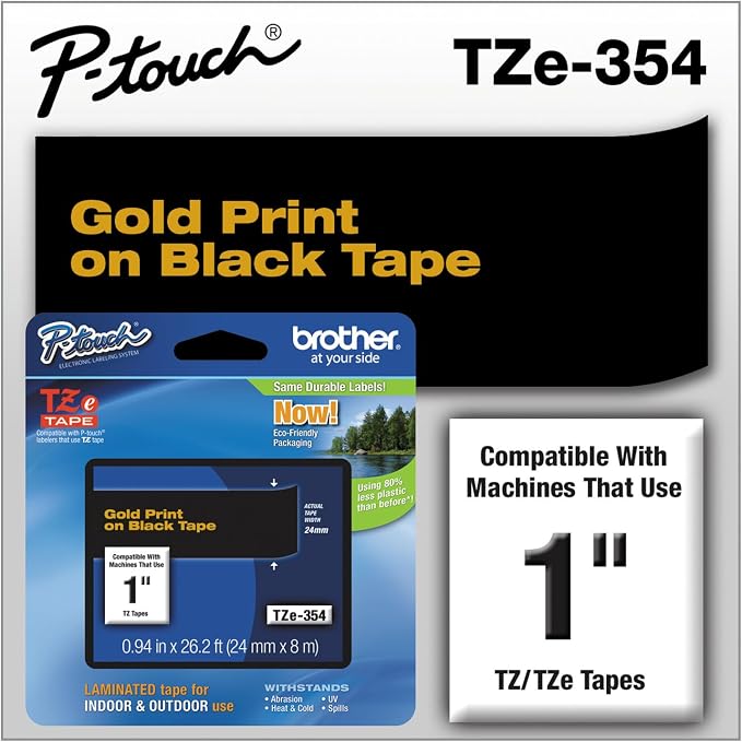 Brother Genuine P-Touch TZE-354 Tape, 1" (0.94") Wide Standard Laminated Tape, Gold on Black, Laminated for Indoor or Outdoor Use, Water-Resistant, 0.94" x 26.2' (24mm x 8M), Single-Pack, TZE354