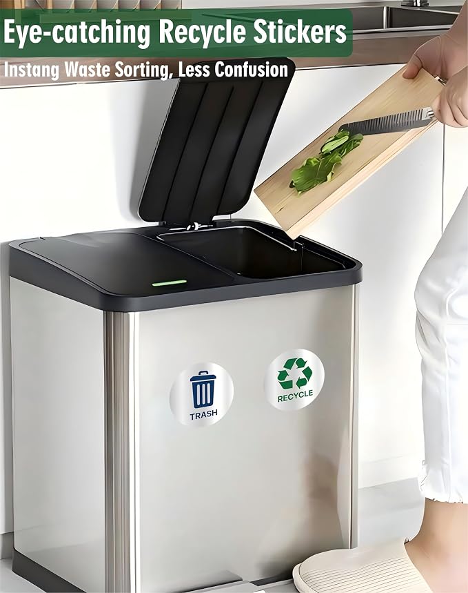 Recycle Stickers for Trash Bins 4Pcs, Waterproof Trash and Recycle Stickers | Self-Adhesive Sticker for Home, Office, Hotel, Apartment, School, Recycling Signs for Indoor/Outdoor Garbage Can