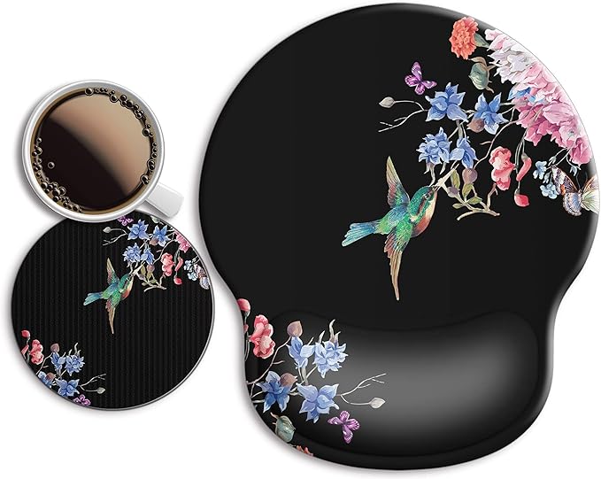 Ergonomic Mouse Pad with Wrist Support Rest,Large Mousepad Gel Wrist Rest, with Coaster Non-Slip & Pain Relief for Computer, Desk, Home&Office-Hummingbird