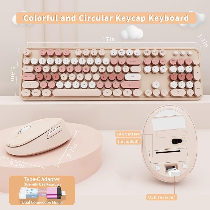 Wireless Keyboard and Mouse Combo, Ergonomic Full Size Typewriter Retro Round Keycaps Keyboard, Compatible with Windows, PC, Perfer for Home and Office Keyboards (Chocolate Color)