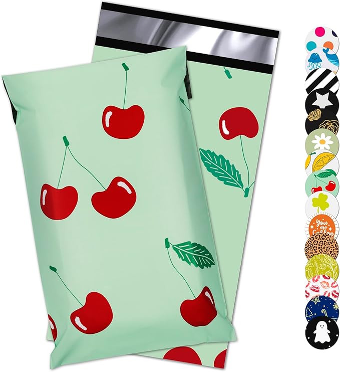 Cherry Printed Poly Mailer 6x9 Inch 100 Pcs, Waterproof and Tear-Resistant Shipping Bags for Clothing, Strong Mailing Bags with Self-Seal, Cute Mailer Bags for Small Business