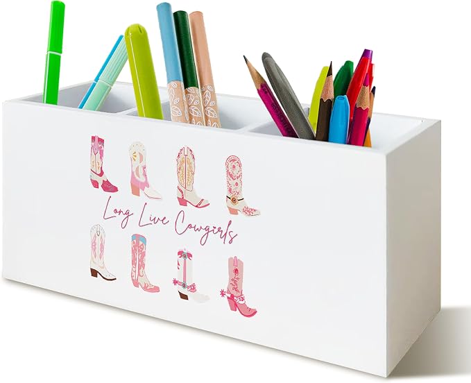 Western Cowgirl Pen Holder for Office Desk Decor, Long Live Cowgirls Wooden Pencil Holder Sign Organizer for Home Office Desk Accessories, Cowgirl Gifts for Women Men
