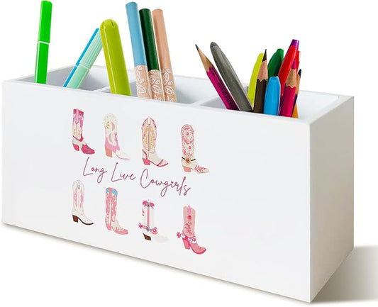 Western Cowgirl Pen Holder for Office Desk Decor, Long Live Cowgirls Wooden Pencil Holder Sign Organizer for Home Office Desk Accessories, Cowgirl Gifts for Women Men
