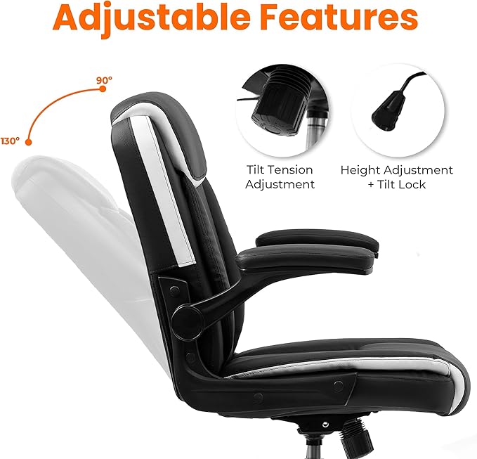 NEO Chair Office Desk Computer Chair Ergonomic Executive Mid-Back Leather Gaming Chair with Adjustable Flip-Up Armrests Wheels Swivel for Home Study Task (Black White)