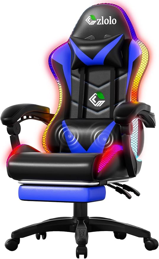 Gaming Chair, RGB LED Lights Computer Chair with Footrest, Lumbar Support Massager Gamer Chair, High Back, 90-135° Reclining, Linkage Armrests, Blue